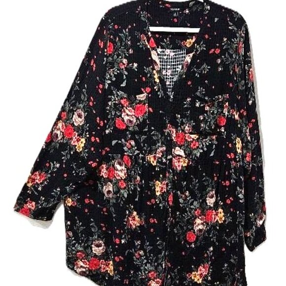 torrid Tops - TORRID BLACK RED PINK GOLD FLORAL LONG SLEEVE V-NECK BABY DOLL TUNIC  BLOUSE  5
